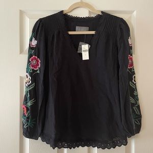 Anthropology Cotton Top w/ Foral embroidery arms